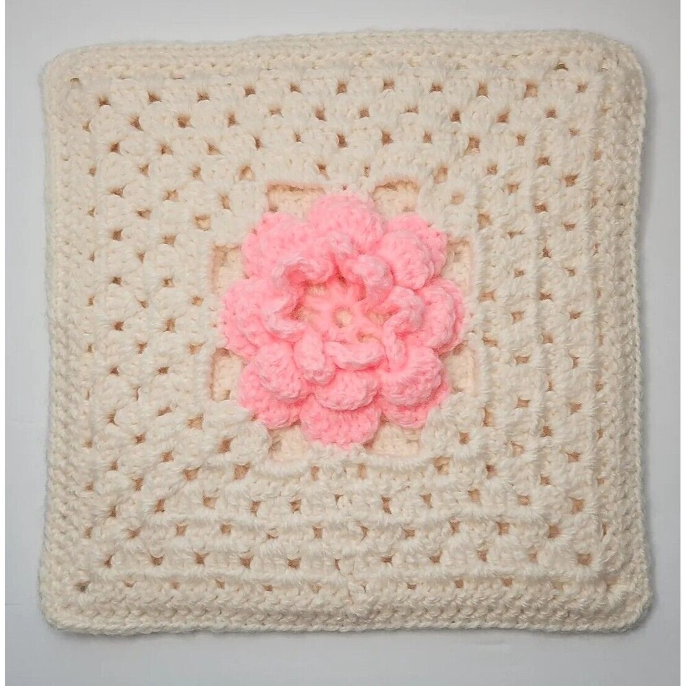 Handmade Crochet Throw Pillow Cover Cream Pink Rose Shabby Cottagecore